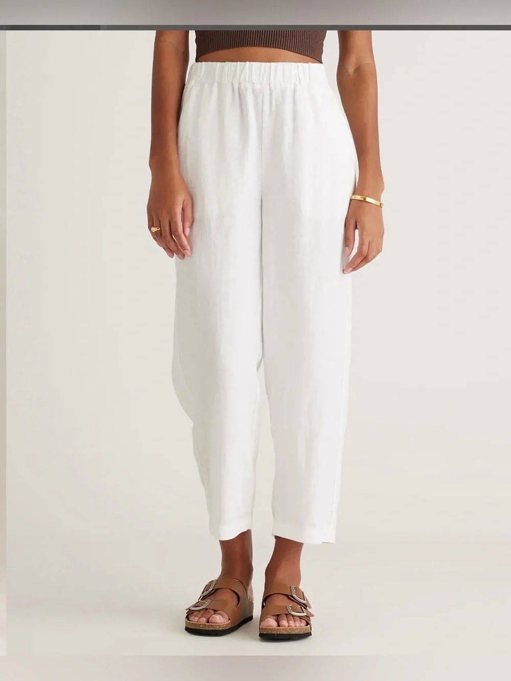 Quince 100% European Linen White Elastic-Waist Slim Crop Pants Size L